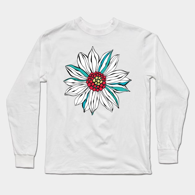 White Teal Yellow Red Daisy Flower Long Sleeve T-Shirt by CatyArte